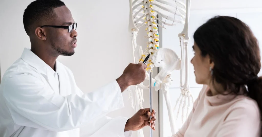 chiropractor-explaining-spinal-decompression-using-a-spine-model-to-a-patient