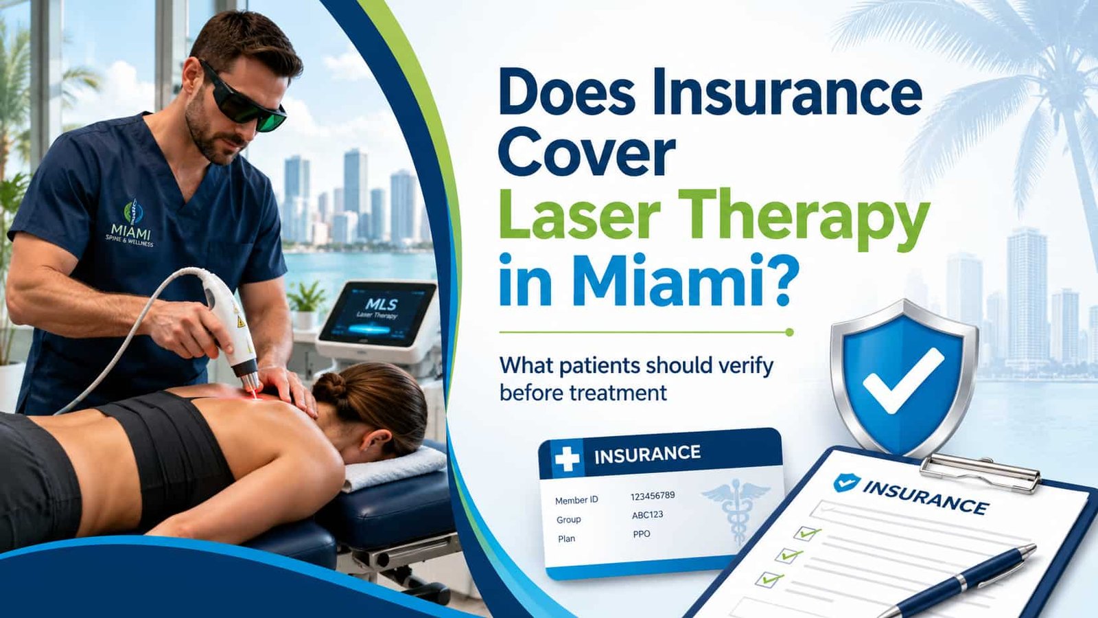 Does insurance cover laser therapy in Miami? Patient receiving laser therapy with insurance card and treatment checklist.