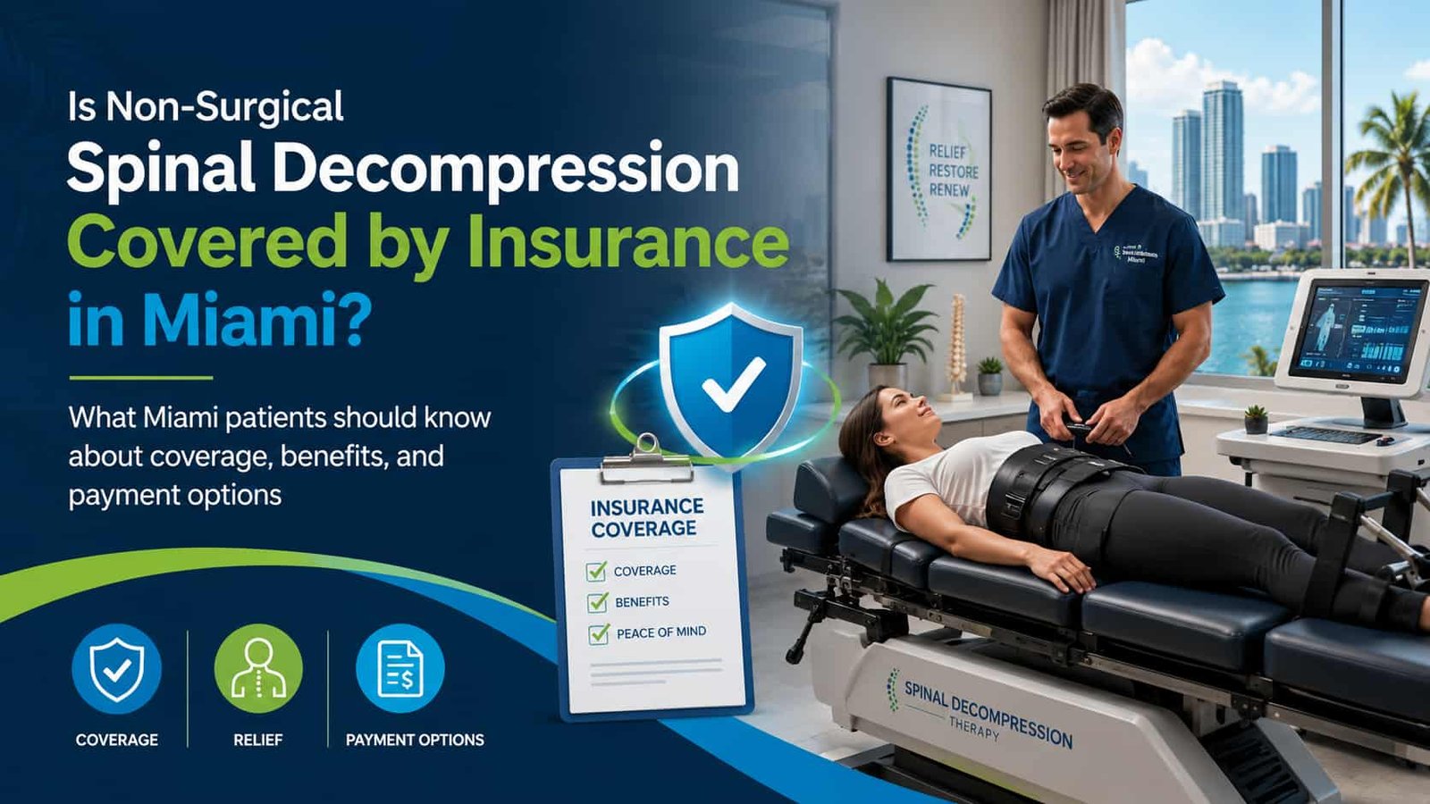 Non-surgical spinal decompression insurance coverage in Miami with patient receiving therapy and doctor consultation.