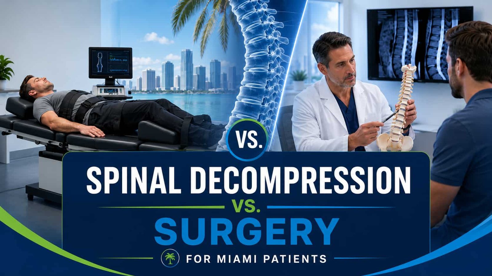 Spinal decompression vs surgery comparison for Miami patients with spine treatment and doctor consultation visuals.