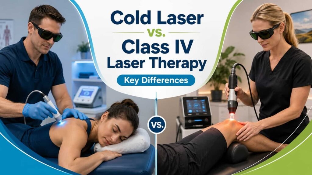 Cold laser vs deep tissue laser therapy comparison showing two patients receiving laser treatment for pain relief and recovery.